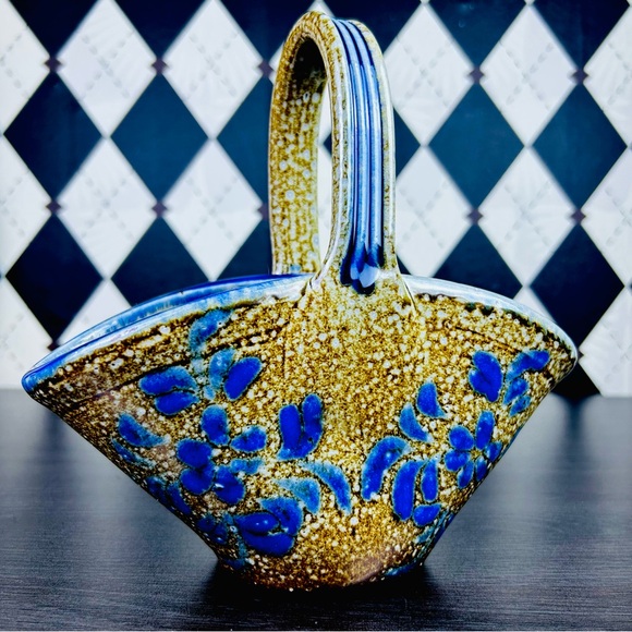 Vintage Studio Earthenware Basket Bowl, Blue Floral Glaze 8" Gray Brown Blue - Picture 7 of 14